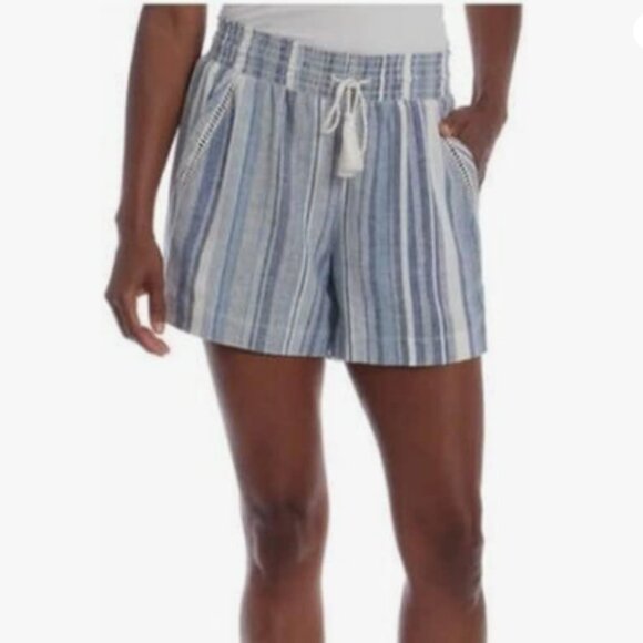 Linen Blend Shorts Blue White Striped Coastal Beach Elastic Waist Size Small - Picture 2 of 11